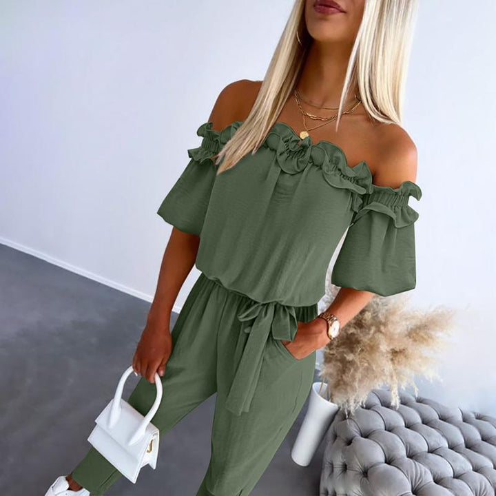 Irenee | Chic Off Shoulder Frill Tie-Waist Jumpsuit