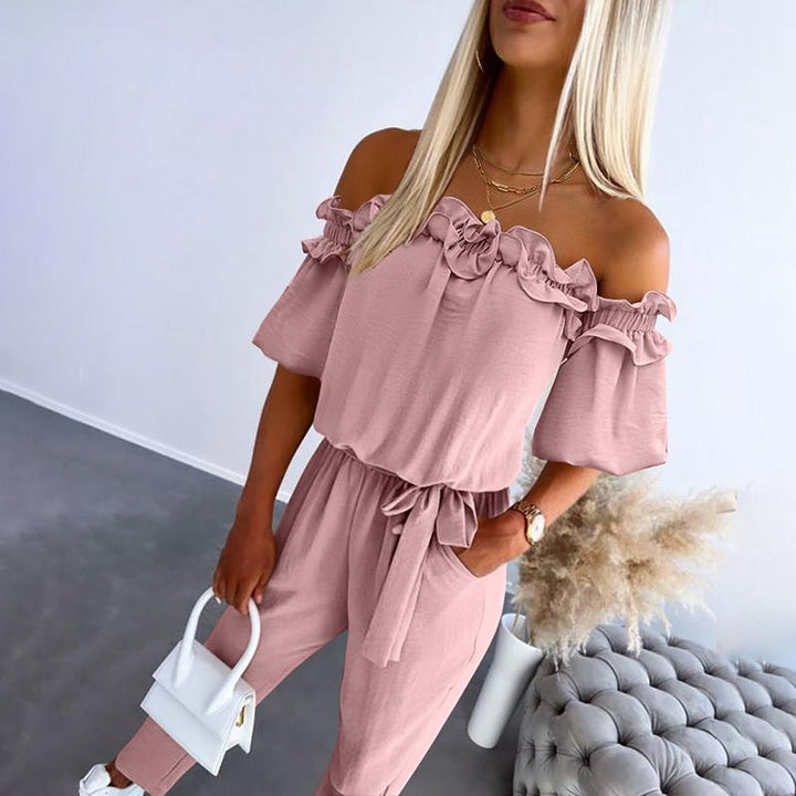 Irenee | Chic Off Shoulder Frill Tie-Waist Jumpsuit